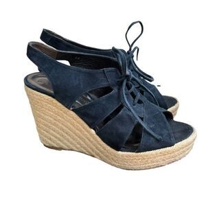 TILA MARCH PARIS Navy ESPADRILLE SUEDE SLINGBACK WEDGE HEELS size 38/7.5